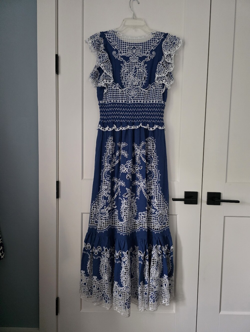 Farm Rio Boho Lace-Trim Maxi Dress Womans M Blue & White Eyelet - Picture 8 of 16